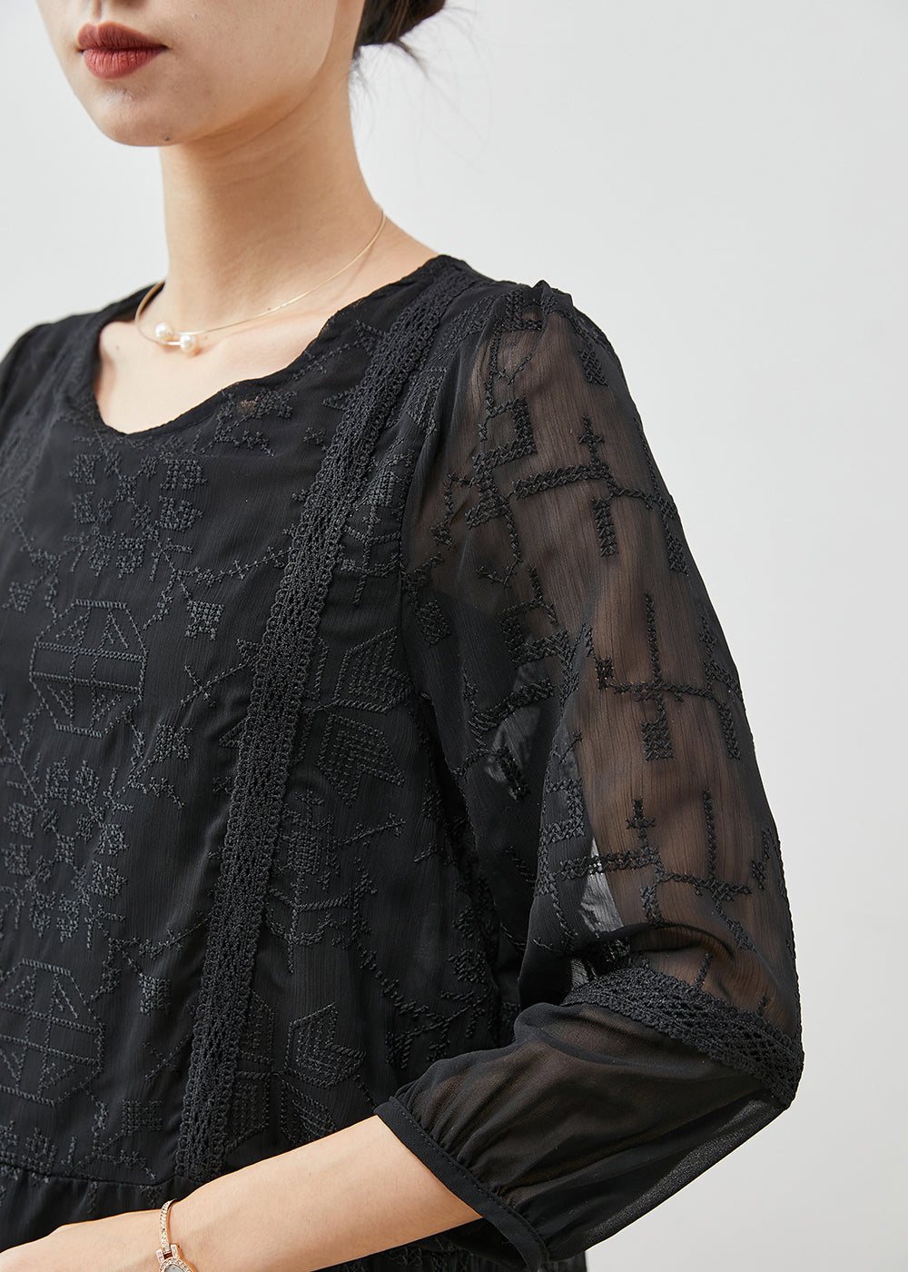 Boho Black Embroidered Tulle Blouse Top Bracelet Sleeve YU1058 Ada Fashion