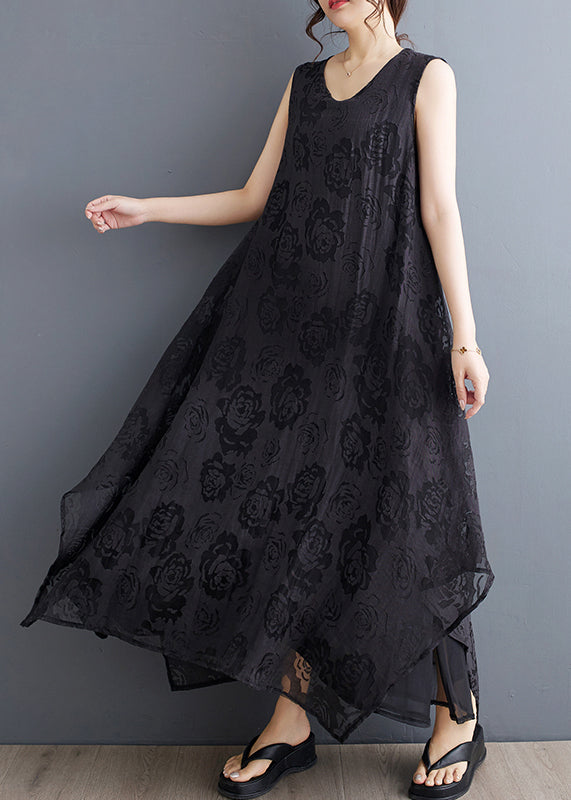 Boho Black O-Neck Asymmetrical Hollow Out Floral Holiday Lace Maxi Dress Summer UU027 OM-MM240820