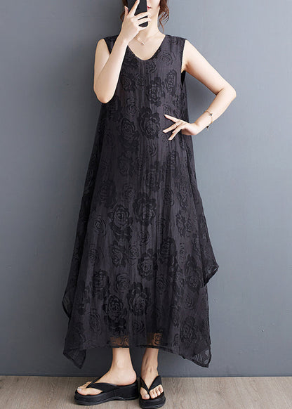 Boho Black O-Neck Asymmetrical Hollow Out Floral Holiday Lace Maxi Dress Summer UU027 OM-MM240820