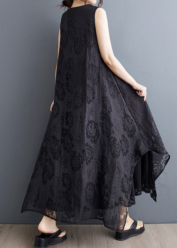 Boho Black O-Neck Asymmetrical Hollow Out Floral Holiday Lace Maxi Dress Summer UU027 OM-MM240820