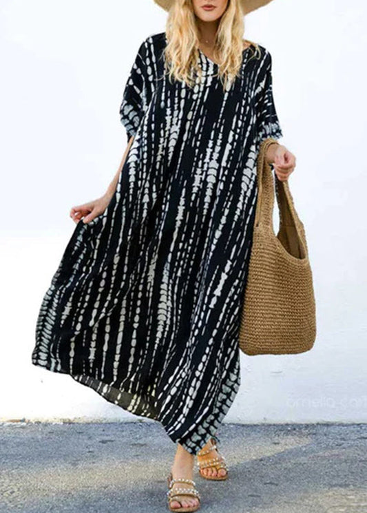 Boho Black O-Neck Striped Side Open Maxi Dresses Short Sleeve VB1035 Ada Fashion