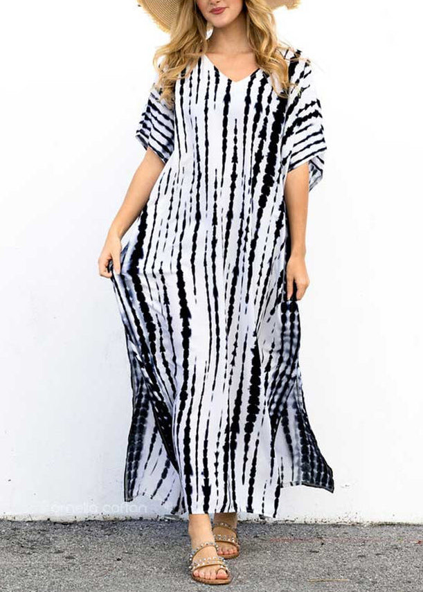 Boho Black O-Neck Striped Side Open Maxi Dresses Short Sleeve VB1035 Ada Fashion