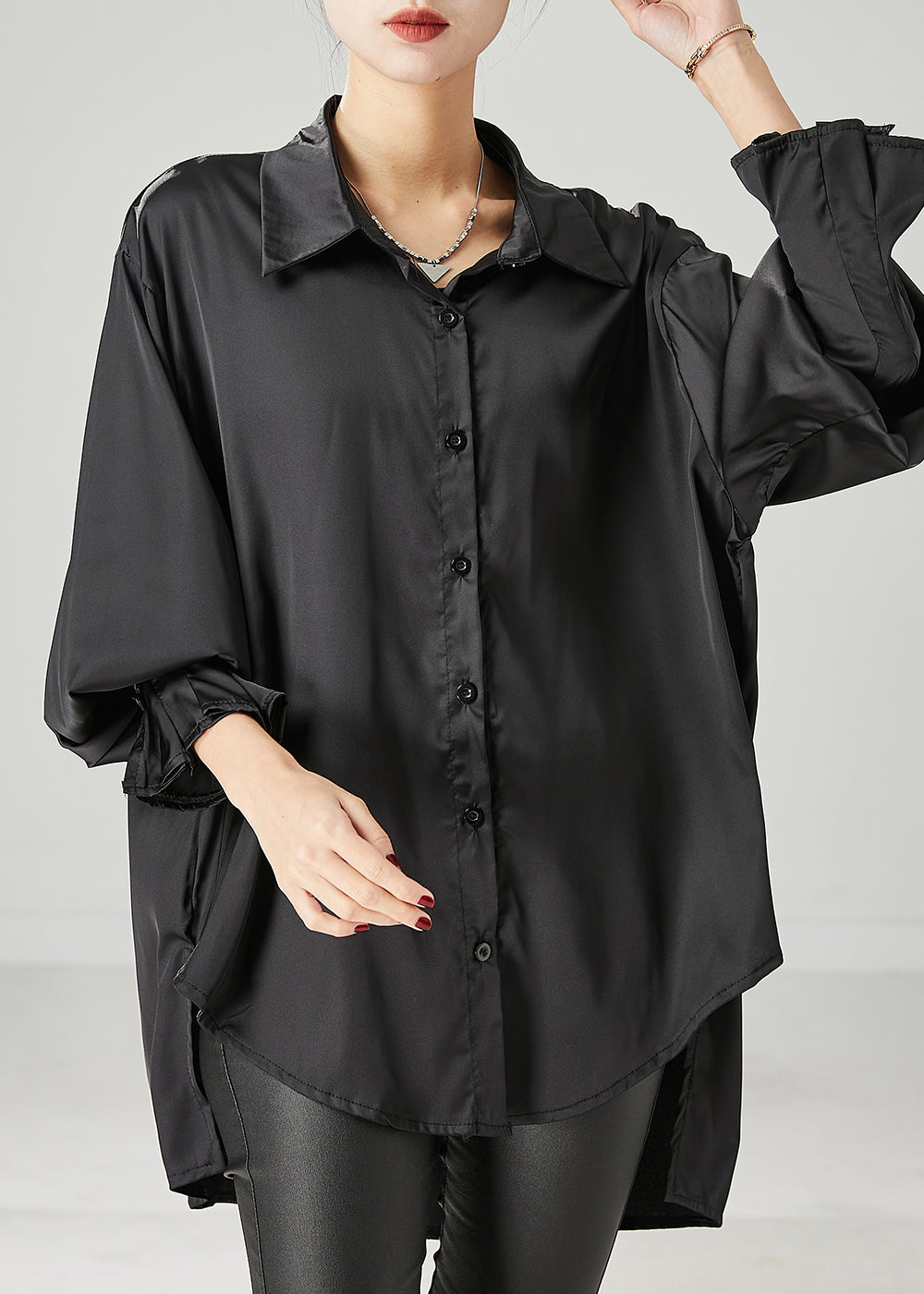 Boho Black Oversized draping Chiffon Blouses Spring YU1051 Ada Fashion