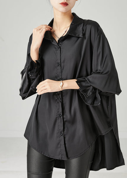 Boho Black Oversized draping Chiffon Blouses Spring YU1051 Ada Fashion