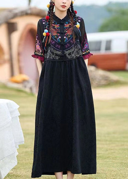 Boho Black Stand Collar Embroidered Cotton Two Pieces Set Summer WW1007 Ada Fashion