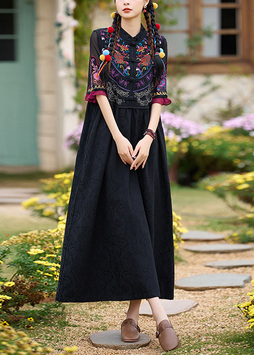 Boho Black Stand Collar Embroidered Cotton Two Pieces Set Summer WW1007 Ada Fashion