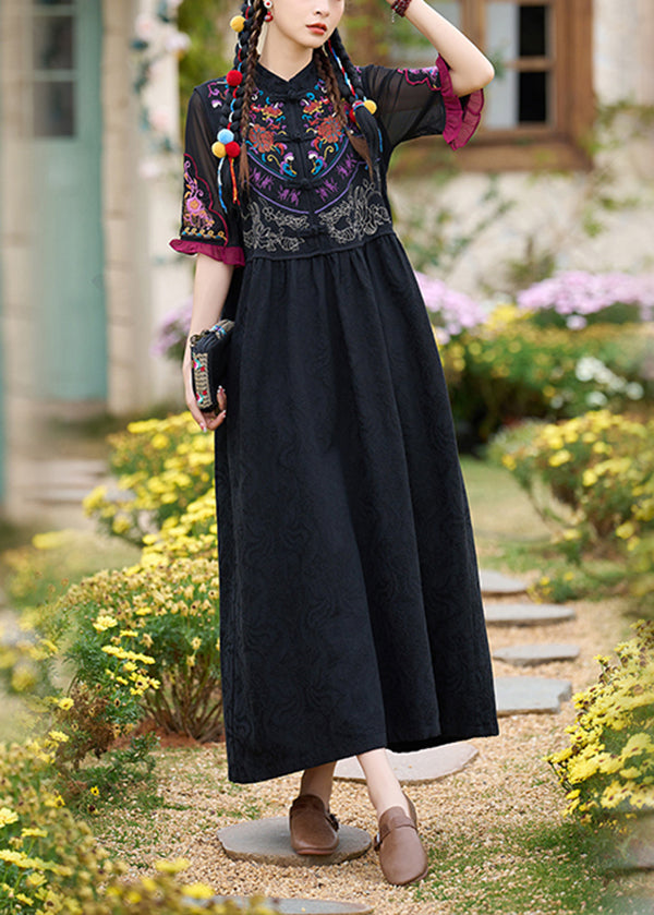 Boho Black Stand Collar Embroidered Cotton Two Pieces Set Summer WW1007 Ada Fashion