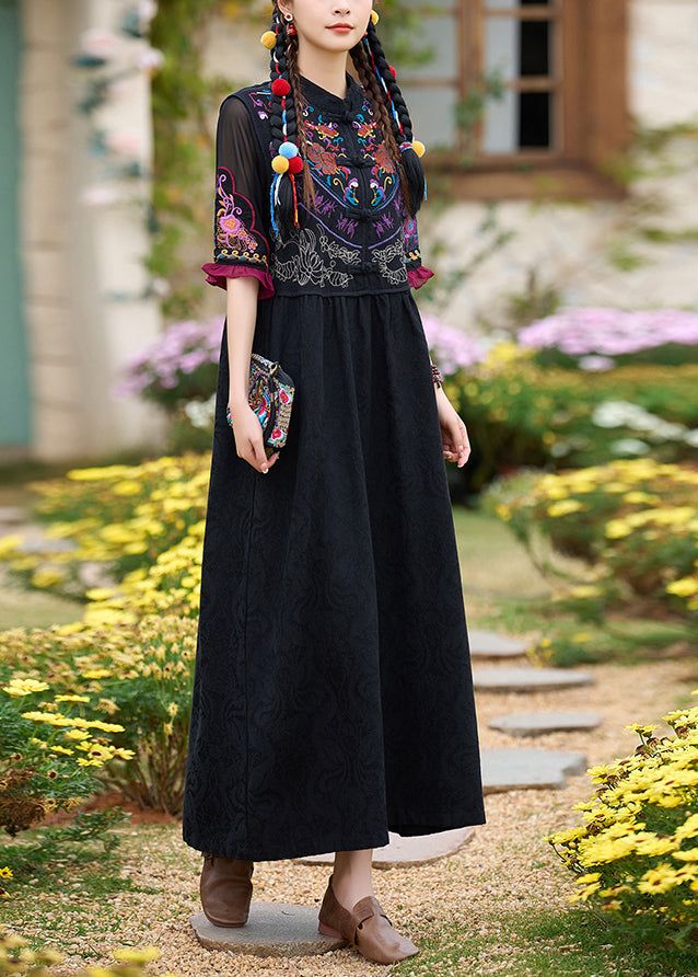 Boho Black Stand Collar Embroidered Cotton Two Pieces Set Summer WW1007 Ada Fashion