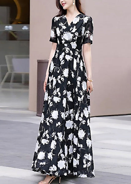 Neck Chiffon Black Boho Long Dress Summer V Print FashionChic