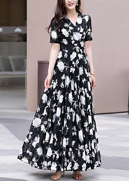 Neck Chiffon Black Boho Long Dress Summer V Print FashionChic