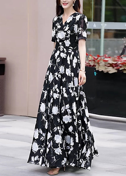 Neck Chiffon Black Boho Long Dress Summer V Print FashionChic