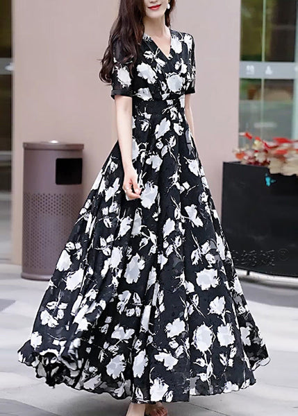 Neck Chiffon Black Boho Long Dress Summer V Print FashionChic