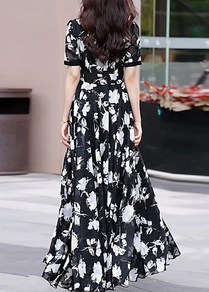 Neck Chiffon Black Boho Long Dress Summer V Print FashionChic