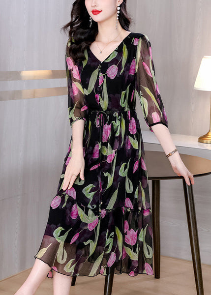 Boho Black V Neck Print Drawstring Chiffon Dress Summer BB017 Hawaii-SDL240622