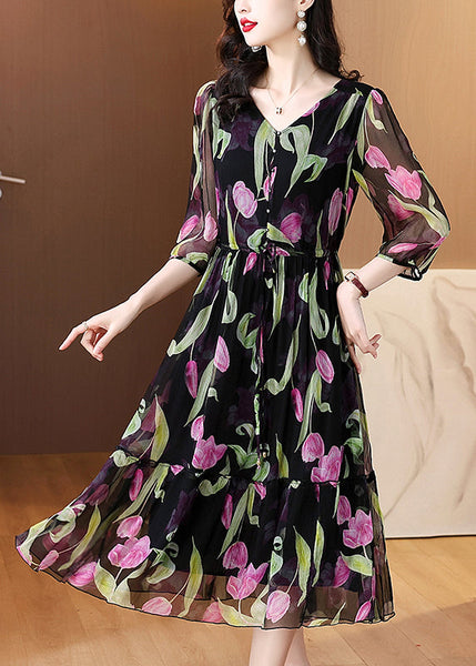 Boho Black V Neck Print Drawstring Chiffon Dress Summer BB017 Hawaii-SDL240622