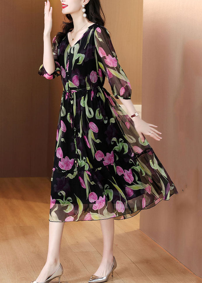 Boho Black V Neck Print Drawstring Chiffon Dress Summer BB017 Hawaii-SDL240622