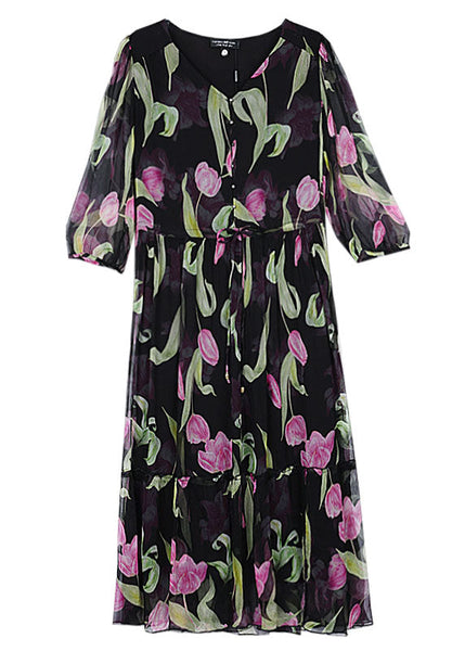 Boho Black V Neck Print Drawstring Chiffon Dress Summer BB017 Hawaii-SDL240622