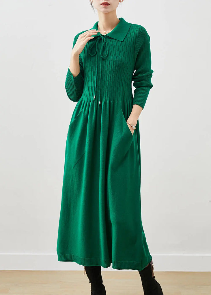 Boho Blackish Green Lace Up Pockets Knit A Line Dresses Spring Ada Fashion