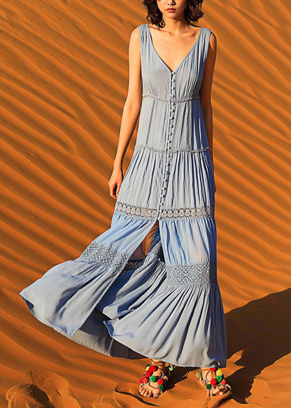 Long Dress Boho Button Blue Sleeveless Out Hollow Cotton FashionChic