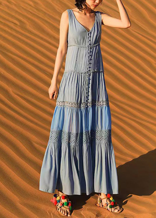 Long Dress Boho Button Blue Sleeveless Out Hollow Cotton FashionChic