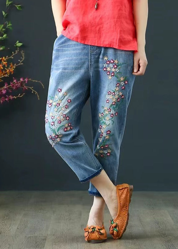 Embroidered Pants Blue Summer Crop Denim Boho FashionChic