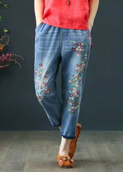 Embroidered Pants Blue Summer Crop Denim Boho FashionChic