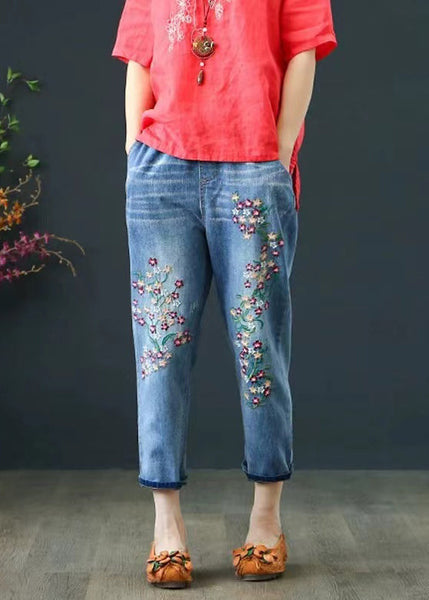 Embroidered Pants Blue Summer Crop Denim Boho FashionChic