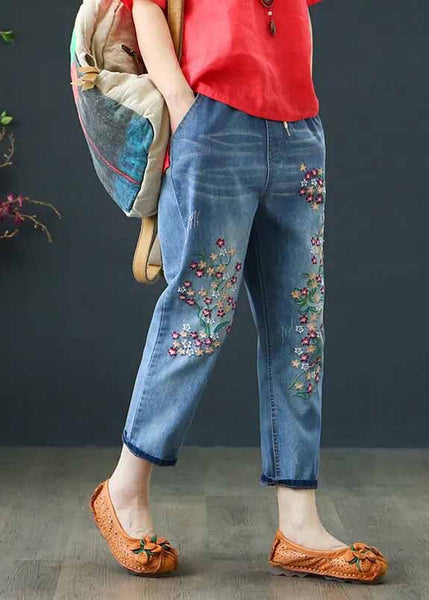 Embroidered Pants Blue Summer Crop Denim Boho FashionChic