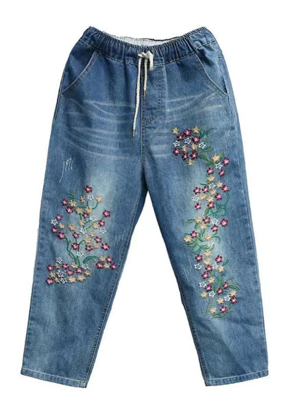 Embroidered Pants Blue Summer Crop Denim Boho FashionChic