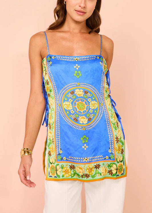 Boho Blue Lace Up Print Silk Spaghetti Strap Tank Sleeveless FF081 SH-LF-VTP240603