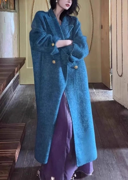 Boho Blue Notched Button Woolen Maxi Coats Winter RP006 ABC