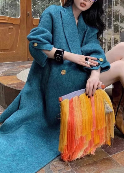 Boho Blue Notched Button Woolen Maxi Coats Winter RP006 ABC