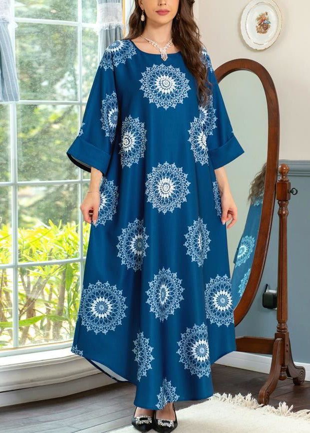 Boho Blue O Neck Print Cotton Maxi Dresses Summer AA1050 Ada Fashion
