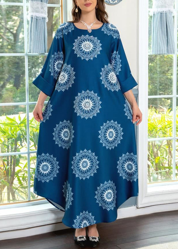 Boho Blue O Neck Print Cotton Maxi Dresses Summer AA1050 Ada Fashion