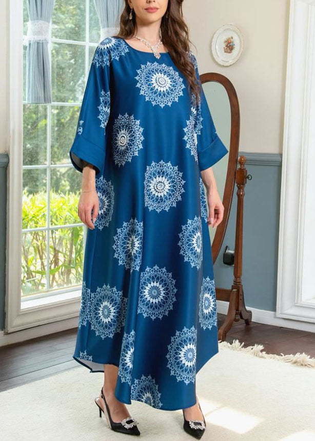 Boho Blue O Neck Print Cotton Maxi Dresses Summer AA1050 Ada Fashion