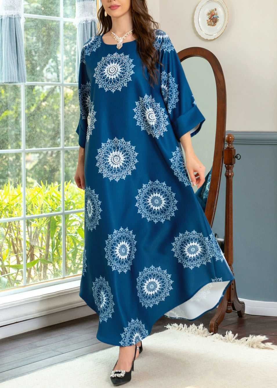 Boho Blue O Neck Print Cotton Maxi Dresses Summer AA1050 Ada Fashion