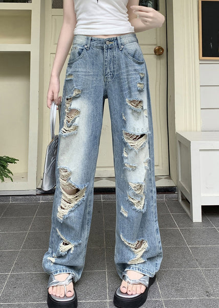 Boho Blue Pockets Patchwork Hole Denim Pants Fall QB039 HS-LPTS241025