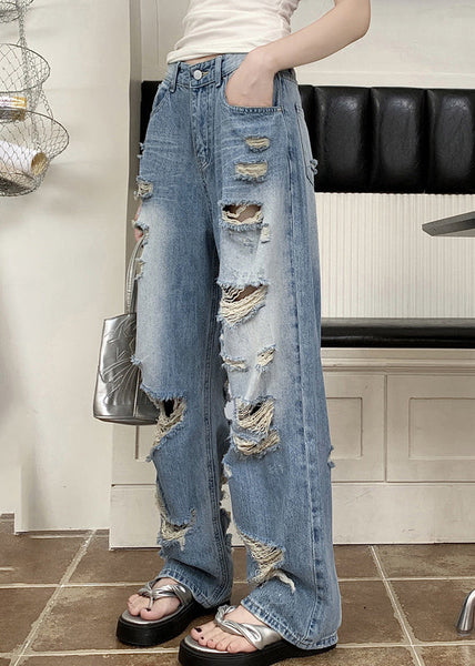 Boho Blue Pockets Patchwork Hole Denim Pants Fall QB039 HS-LPTS241025
