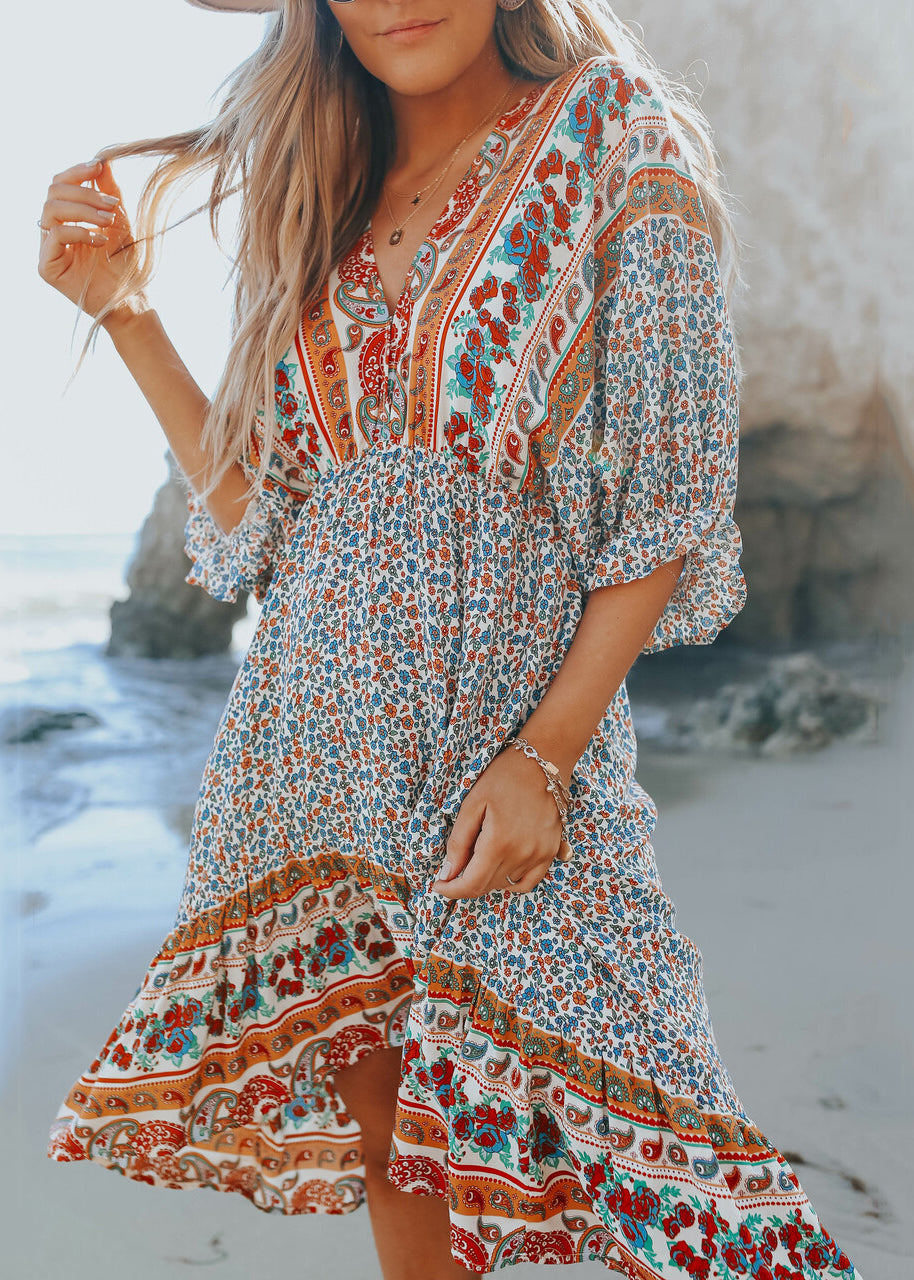 Boho Blue Print V Neck Chiffon Dress Half Sleeve FF072 SH-LF-SDM240603