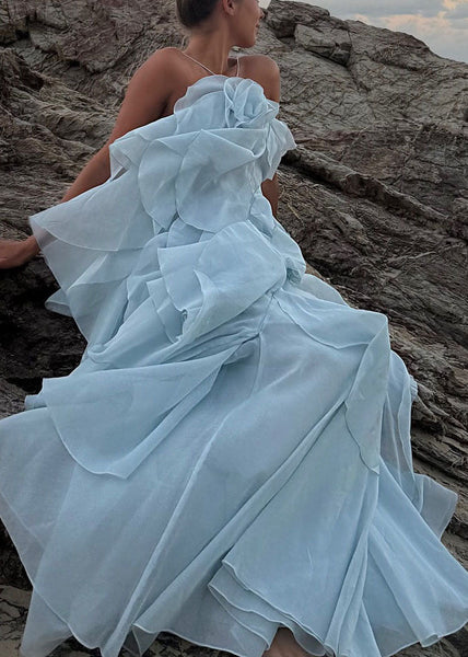 Ruffled Design Strap Chiffon Boho Asymmetrical Blue Spaghetti FashionChic