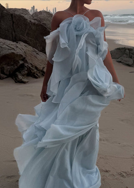 Ruffled Design Strap Chiffon Boho Asymmetrical Blue Spaghetti FashionChic