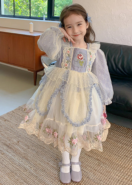 Boho Blue Square Collar Embroideried Tulle Kids Maxi Dress Spring YE032 ABC