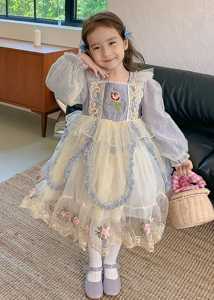 Boho Blue Square Collar Embroideried Tulle Kids Maxi Dress Spring YE032 ABC