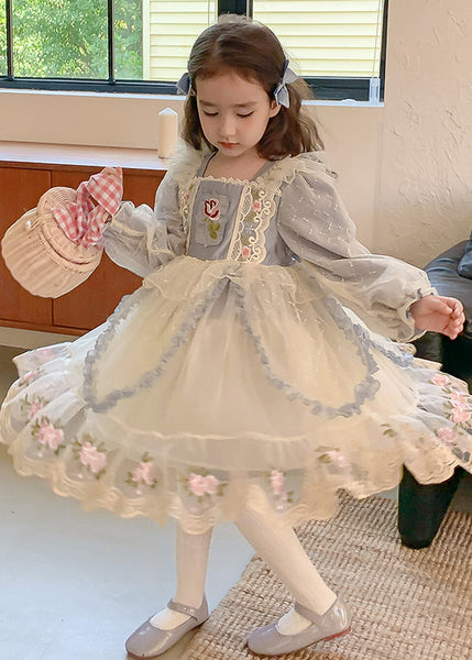 Boho Blue Square Collar Embroideried Tulle Kids Maxi Dress Spring YE032 ABC