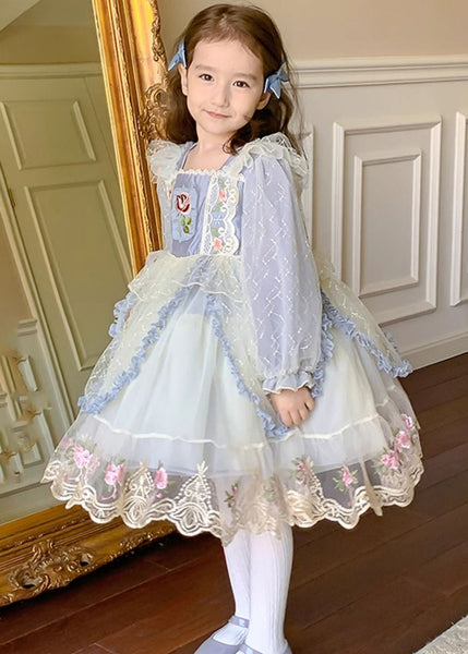 Boho Blue Square Collar Embroideried Tulle Kids Maxi Dress Spring YE032 ABC
