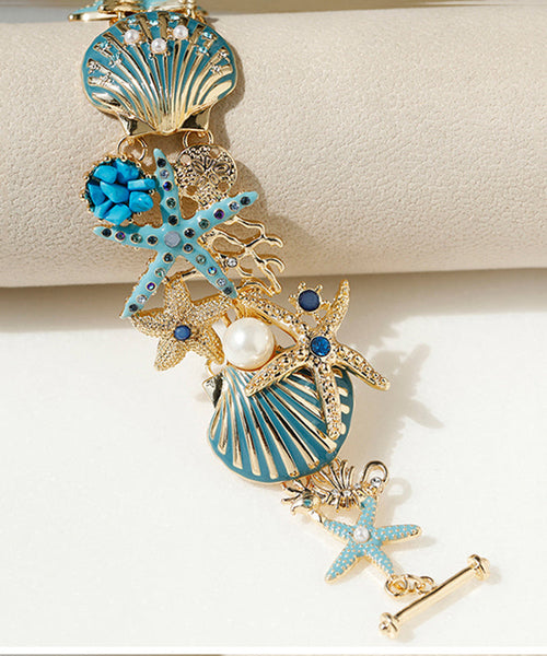 Boho Blue Sterling Silver Alloy Zircon Shell Starfish Coral Chain Bracelet QU011 JEW-BRA241007
