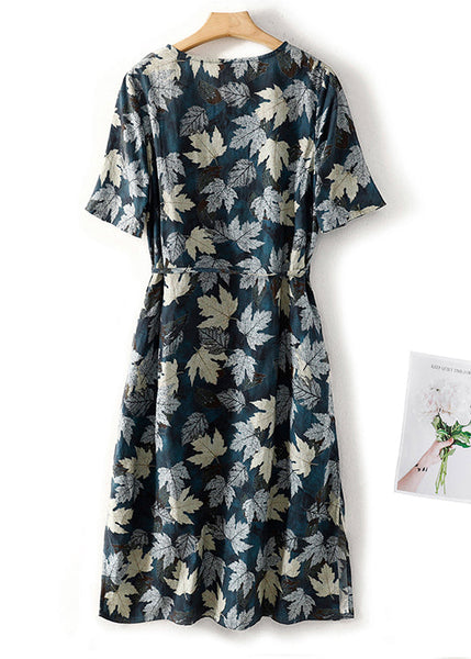 Boho Blue V Neck Print Tie Waist Cotton Dress Summer AM1043 Genistyle Shop