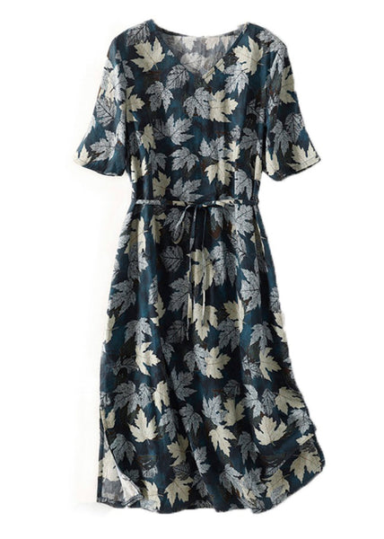 Boho Blue V Neck Print Tie Waist Cotton Dress Summer AM1043 Genistyle Shop