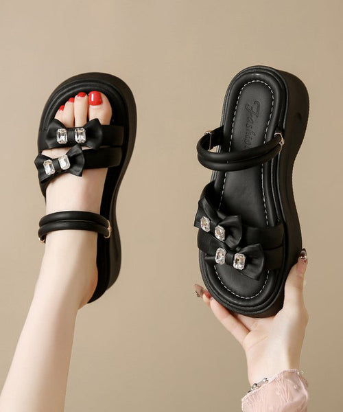 Slide Platform Black Zircon Splicing Bow Faux Boho Leather FashionChic