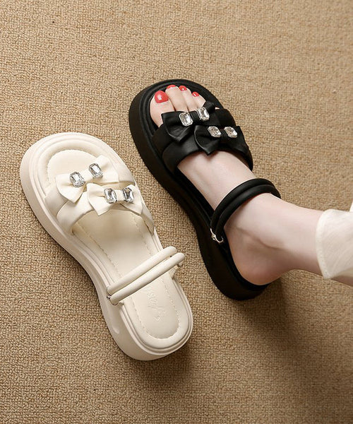 Slide Platform Black Zircon Splicing Bow Faux Boho Leather FashionChic